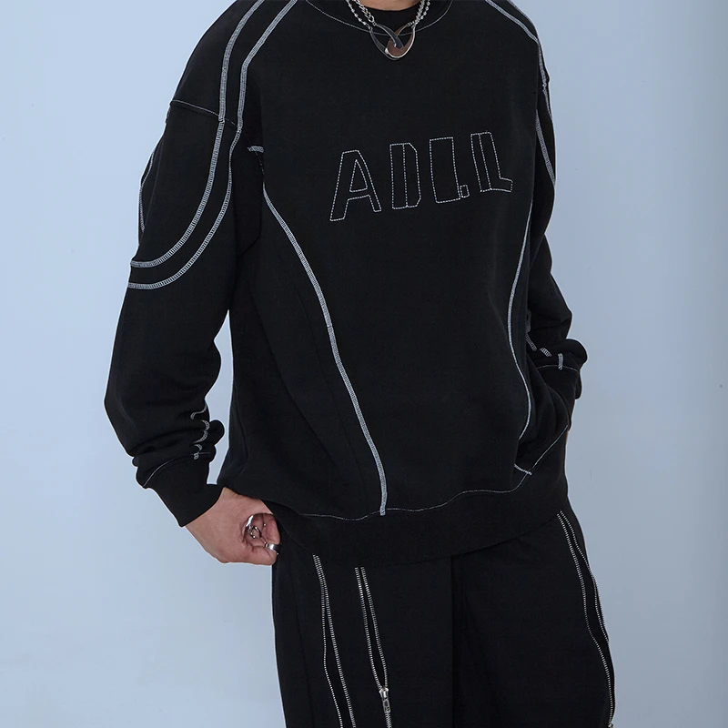 ADLL潮牌设计感明辑线字母圆领宽松休闲卫衣男女秋冬长袖上衣1027