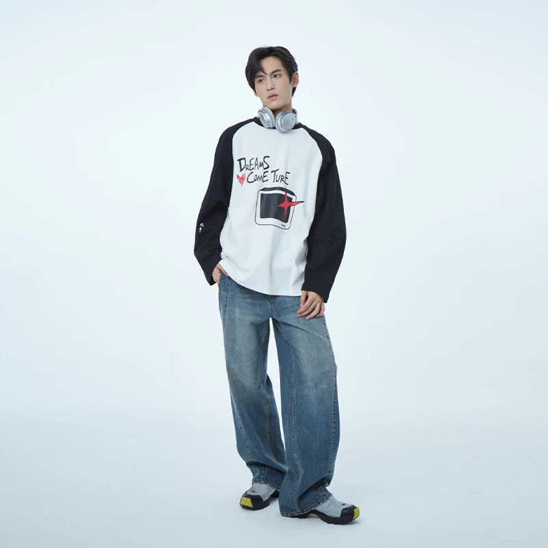 ADLL 潮牌字母印花百搭长袖t恤男女同款秋冬季美式插肩袖上衣1046