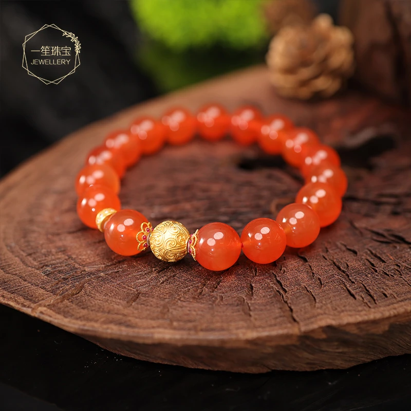 【一笙珠宝】南红冰红手串18k金手饰12mm约