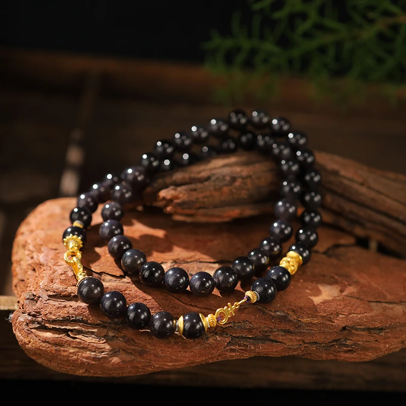 【一笙珠宝】7-8mm天然和田玉烟紫帝王紫项链18k金颈饰珠链长约56cm