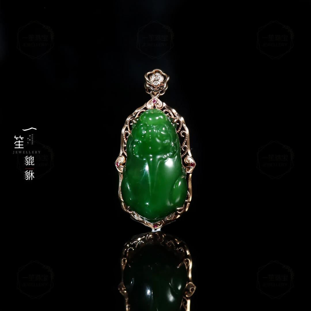 【一笙珠宝】天然和田玉碧玉貔貅吊坠18k镶嵌