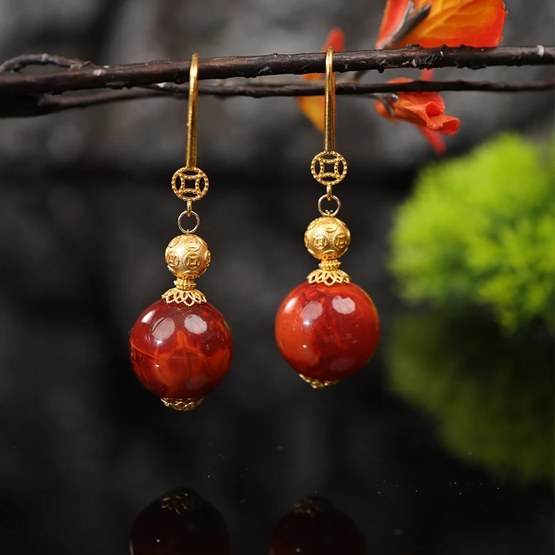 【一笙珠宝】南红牛血红圆珠耳钩18k金镶嵌多样性发