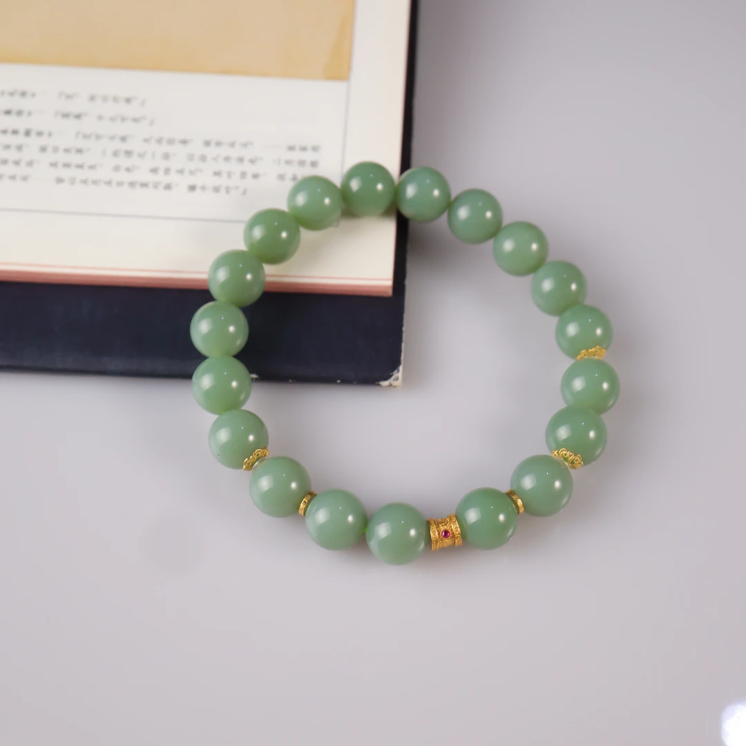 【一笙珠宝】天然和田玉粉青手串18k手饰珠串9-10mm