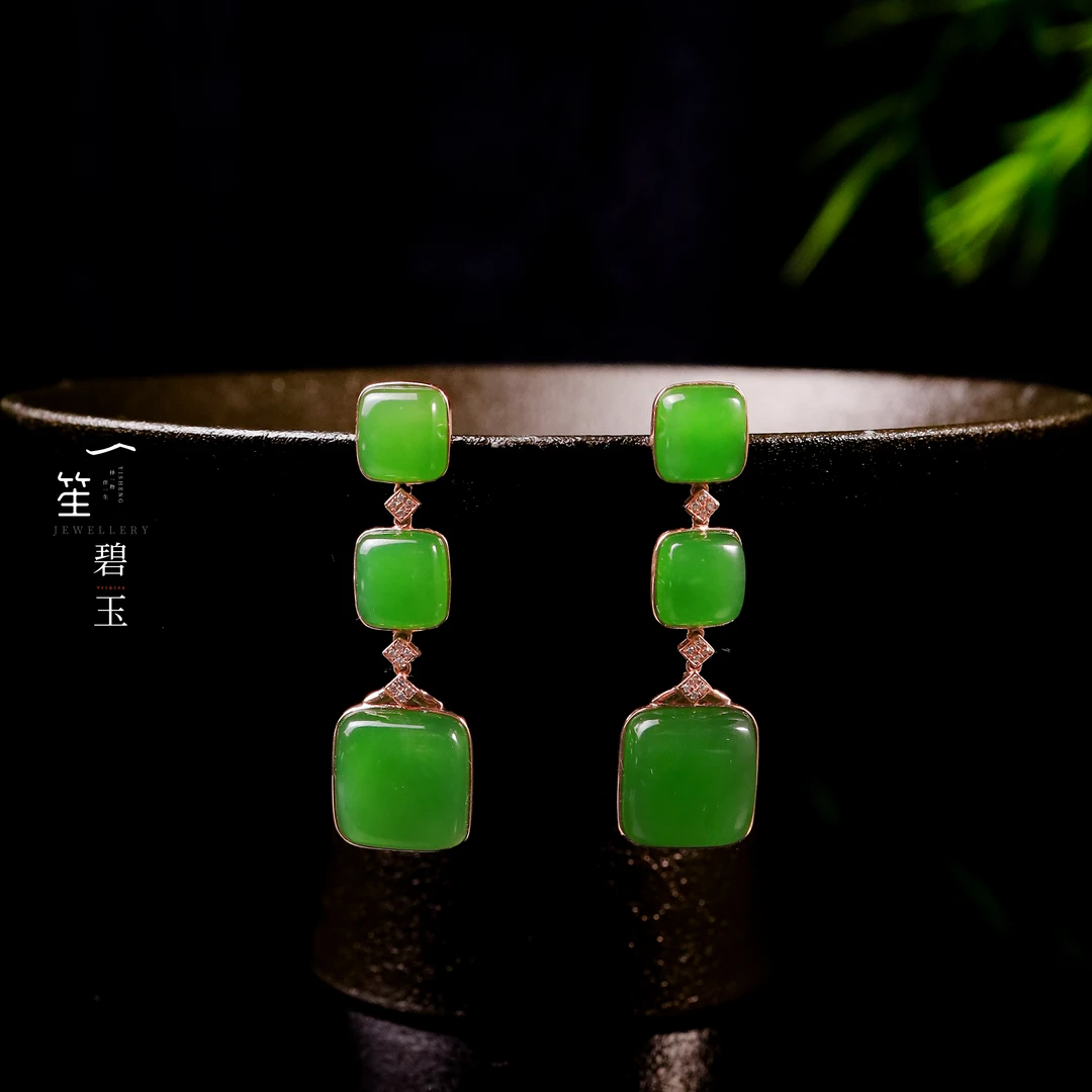 【一笙珠宝】天然和田玉方糖耳坠耳饰18k镶嵌