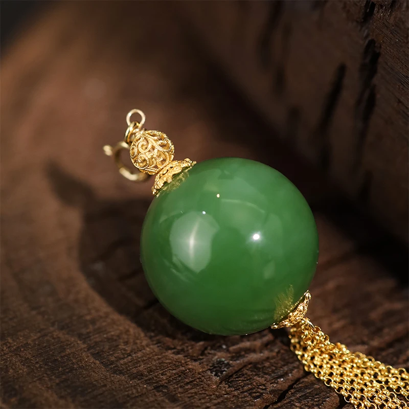 【一笙珠宝】约15-16mm和田玉单珠吊坠碧玉阳绿圆珠吊坠
