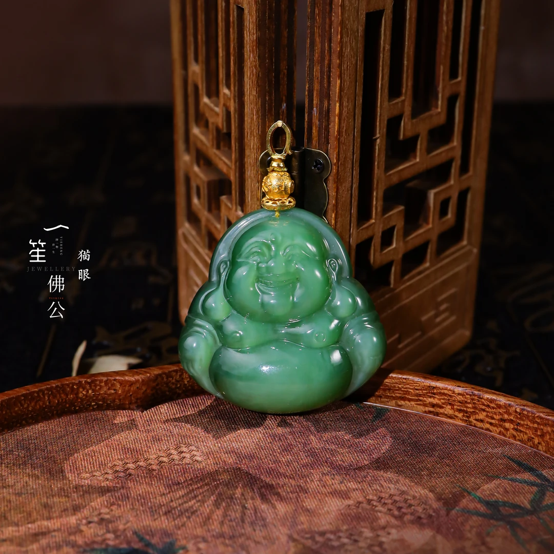 【一笙珠宝】时尚轻奢*天然和田玉碧玉佛公吊坠18k金镶嵌35点位（约）