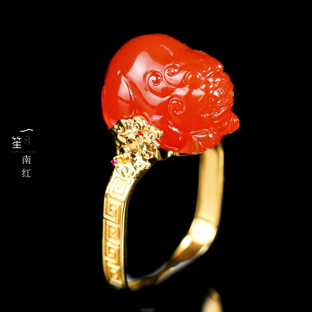 【一笙珠宝】天然南红貔貅戒指18k金镶嵌