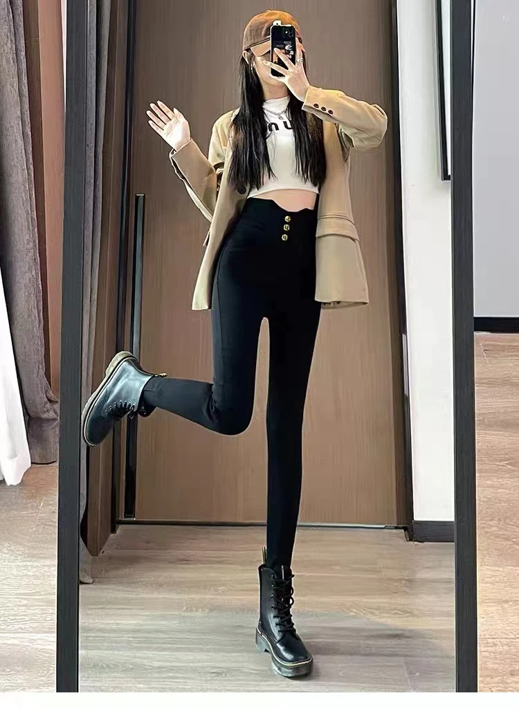 【MaoMao-2】加绒加厚高腰显瘦小黑裤百搭外穿芭比裤修身女2261