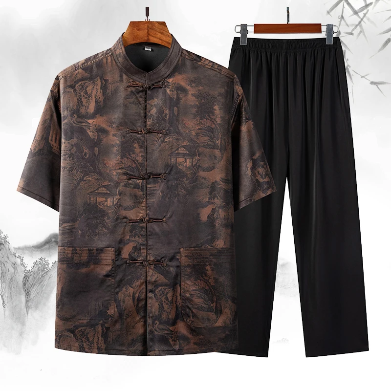 中国风唐装套装夏季老年人大码薄款休闲爷爷装宽松加大复古立领