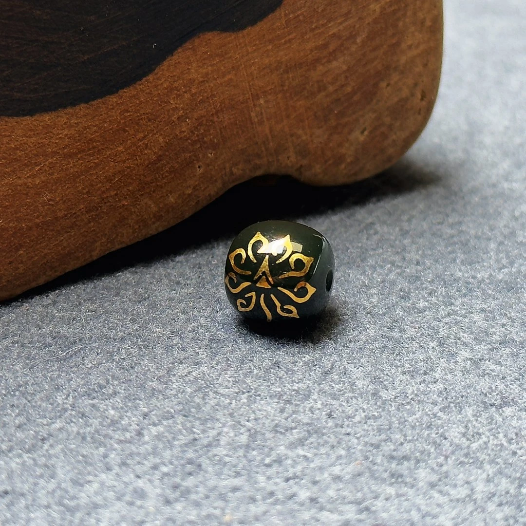 新疆和田玉墨碧莲花老型10mm配珠顶珠腰珠「昰艺」文玩配饰