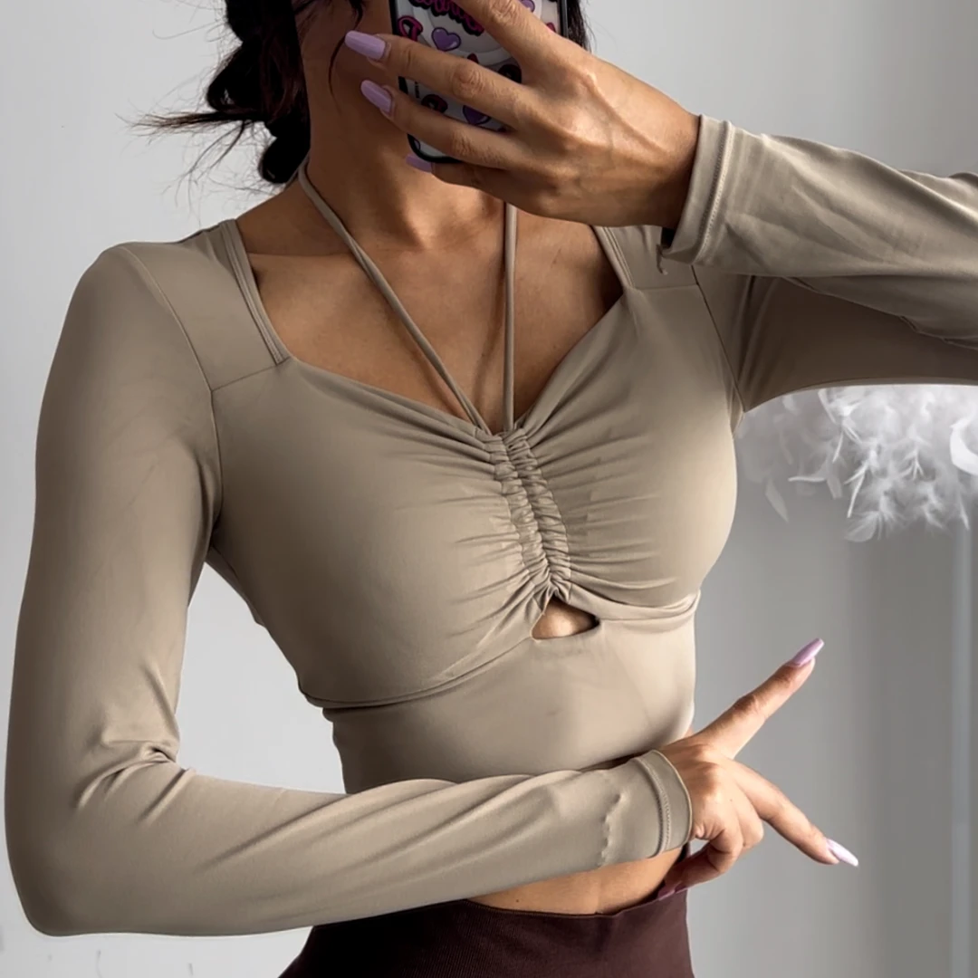 【爱琳自制】短款绑带瑜伽服长袖性感露背舞蹈服半固定修身健身上衣