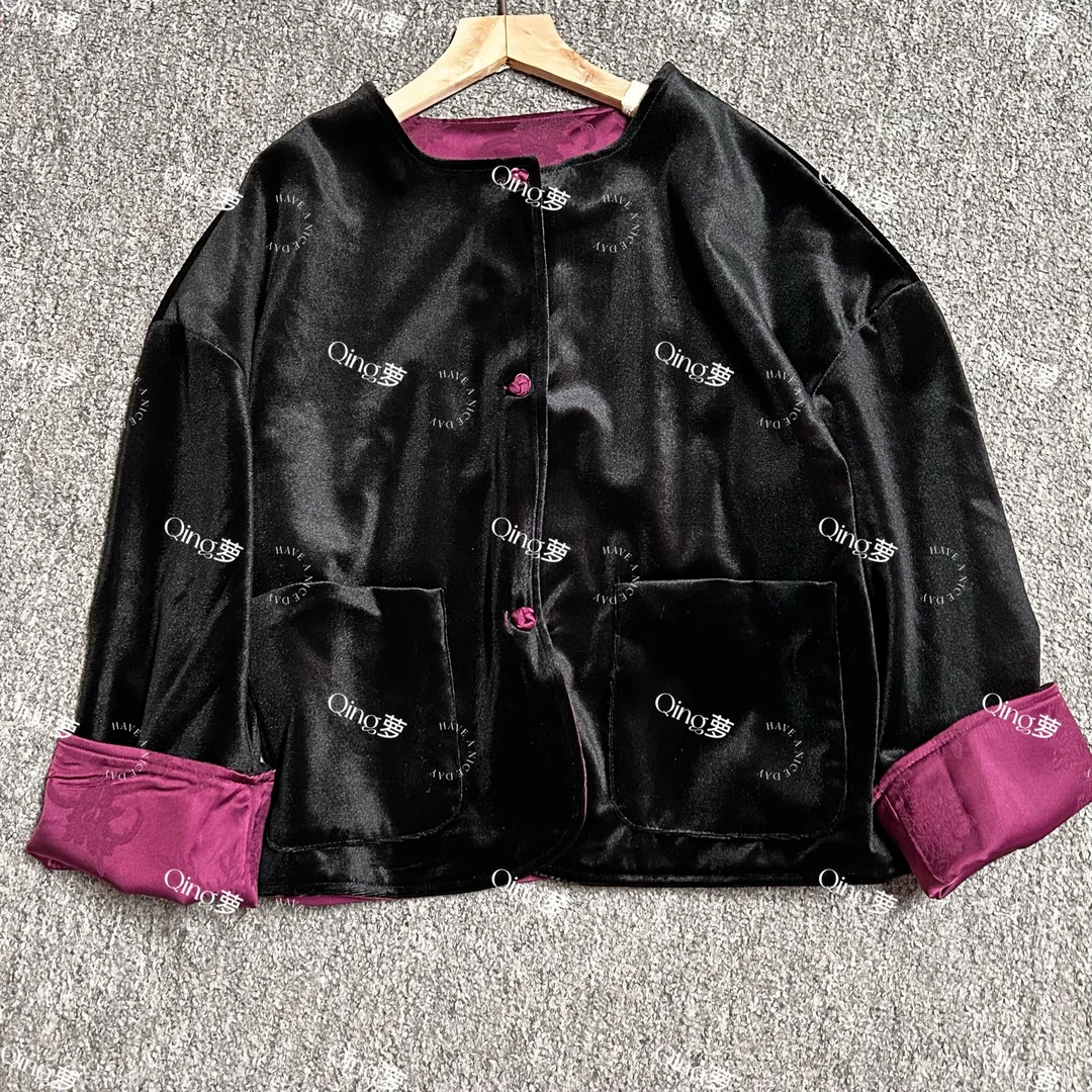 {美茹}新款短款时尚女士黑色丝绒提花秋冬拼接外套女士休闲上衣