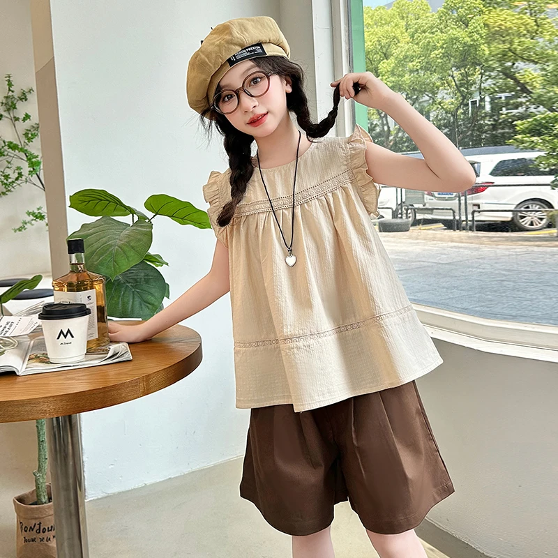 童装女童夏季娃娃衫短裤衣服2025新款儿童中大童宽松休闲女孩套装