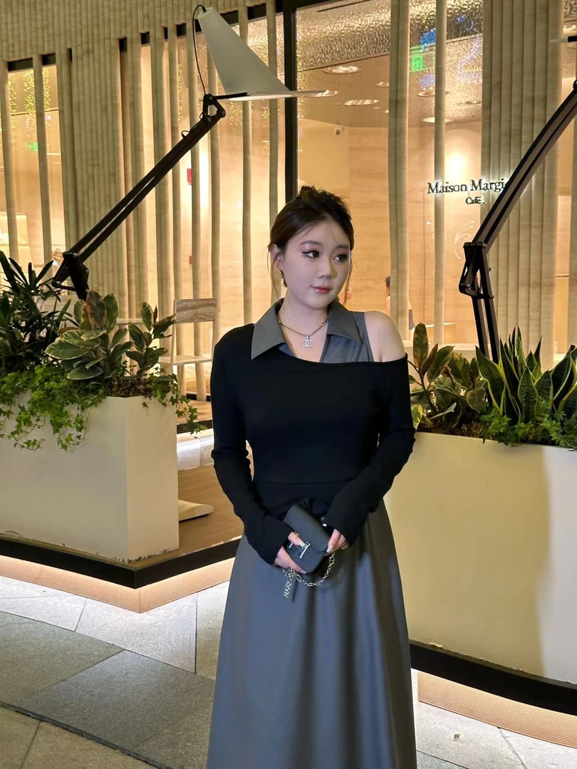 琪琪怪怪大码女装【叠穿公式】时尚不规则露肩罩衫+背心裙D14836QD