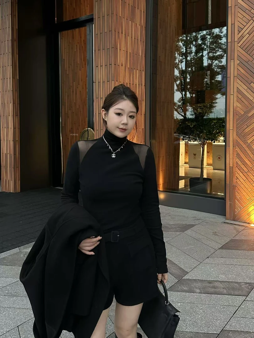 琪琪怪怪大码女装【暮冬网纱】拼接半高领复古厚款打底上衣T15521QQ