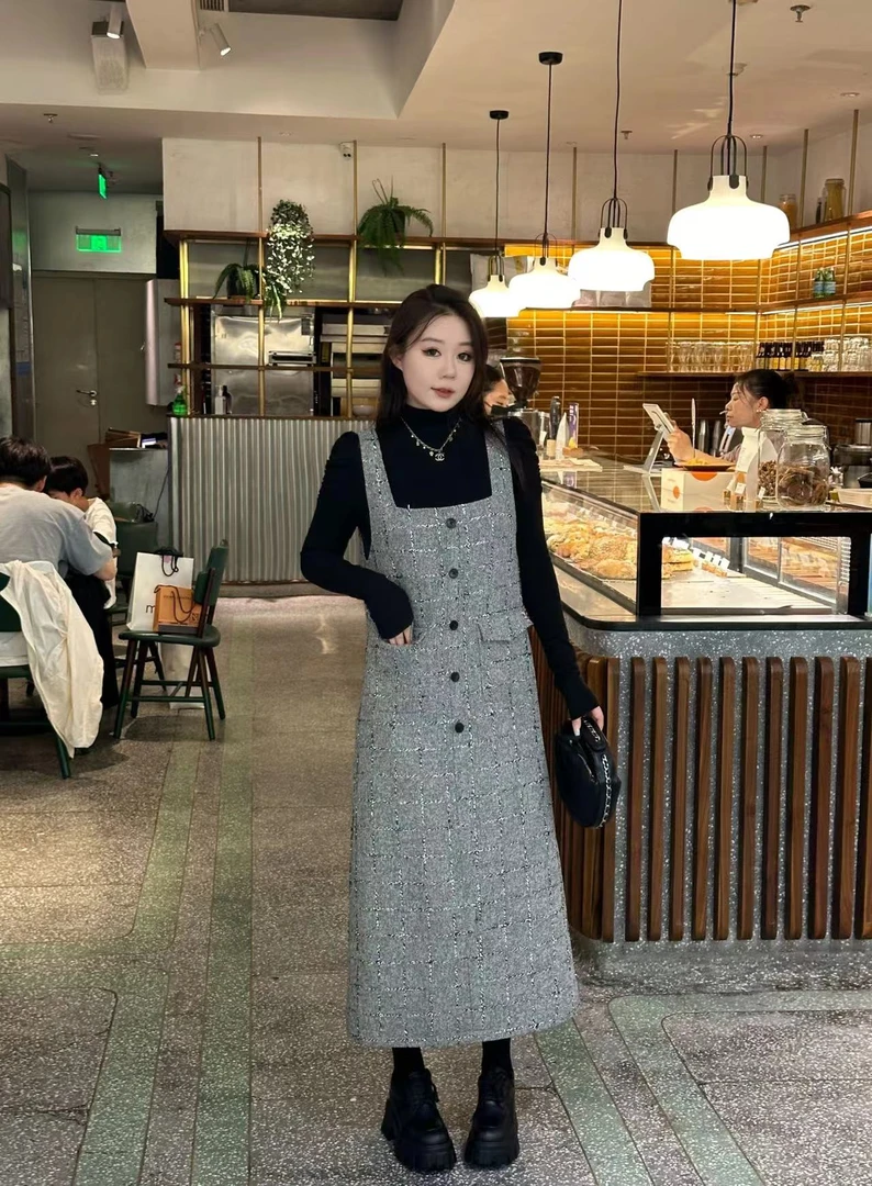 琪琪怪怪大码女装【里约冬季】气质银丝小香背带连衣裙D15345QL