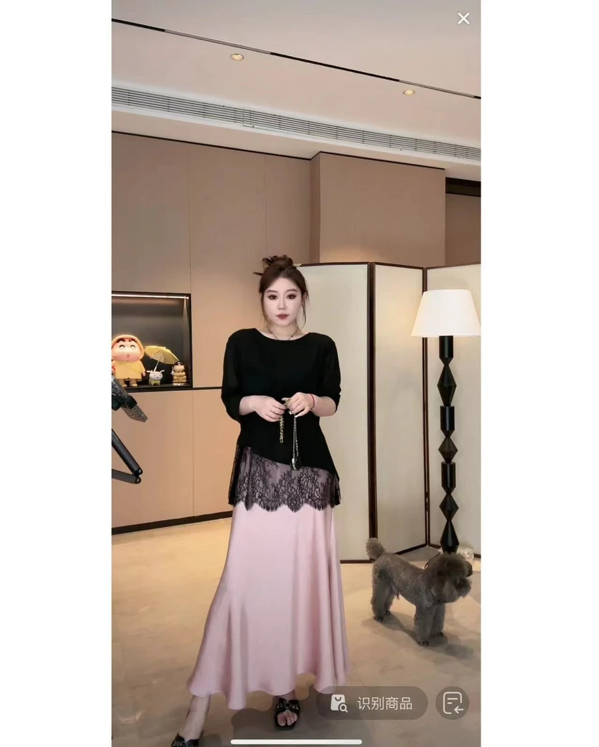 琪琪怪怪大码女装【蕾丝T】气质拼接蕾丝不规则开叉衬衫T14330QZ