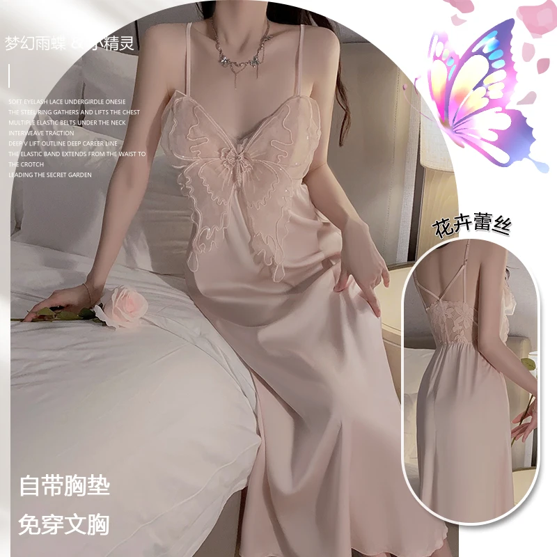 瑰若【梦幻蝶梦】缎面深V诱惑花卉蕾丝蝴蝶性感小开叉吊带睡裙