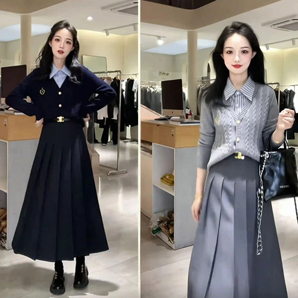 冬装假两件针织百搭上衣+半身裙套装