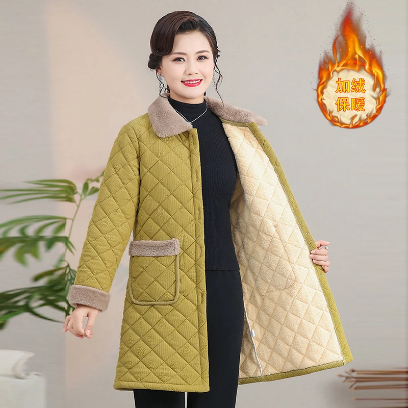 中老年装秋冬季加绒棉衣外套加厚时尚保暖妈妈翻领宽松中长款棉袄