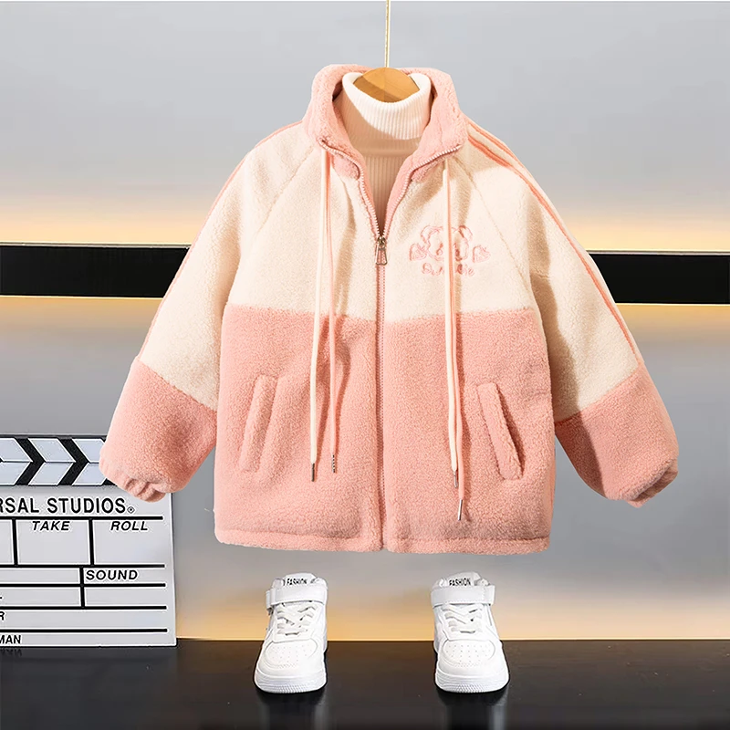 女童外套秋冬款2024新款儿童洋气加绒加厚女孩大童羊羔毛毛衣冬季