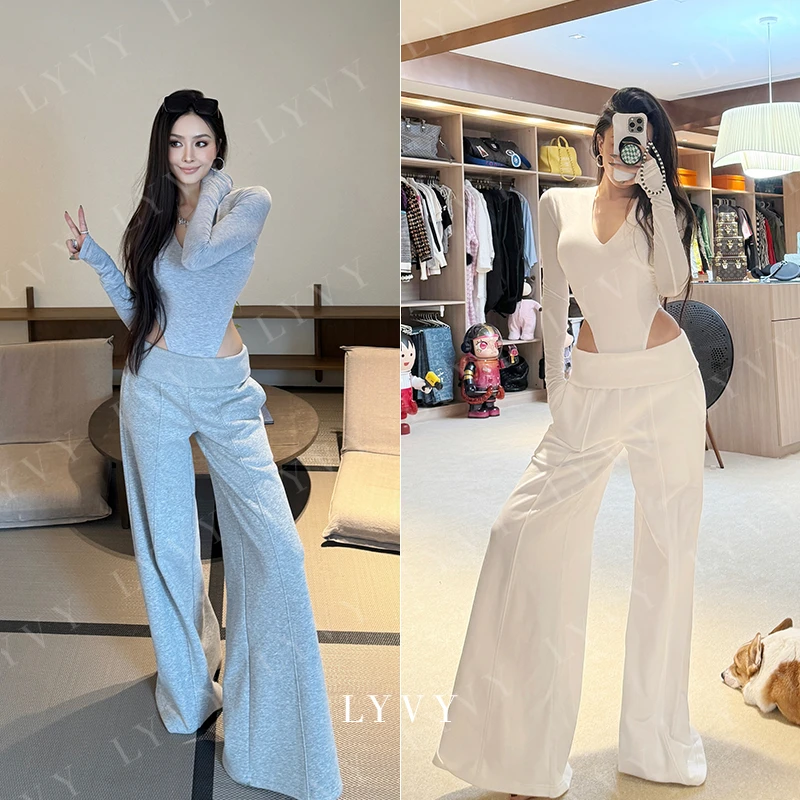 【LYVY2店】袁伶嫣同款灰色白色超厚普通翻腰阔腿裤