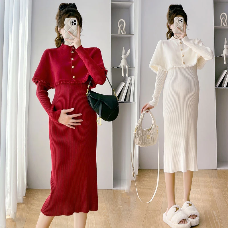 【茜茜家】孕妇秋冬连衣裙时尚气质显瘦毛衣披肩两件套套装