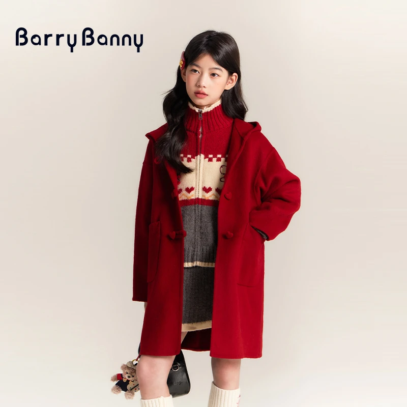 Barry Banny女童红色羊绒呢大衣冬季新款中大童羊毛中长款外套