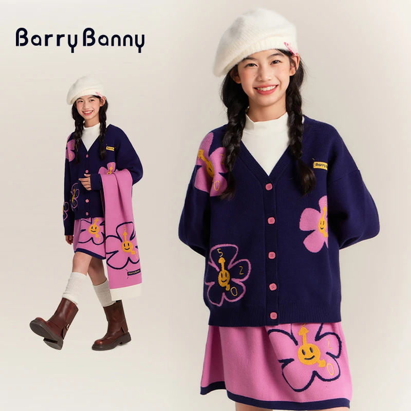 Barry Banny儿童太阳花半身裙秋冬套装保暖轻盈甜美针织粉色上衣