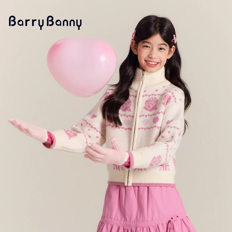 BarryBanny女童针织开衫粉白玫瑰2025冬季爆款儿童毛衣外套K835