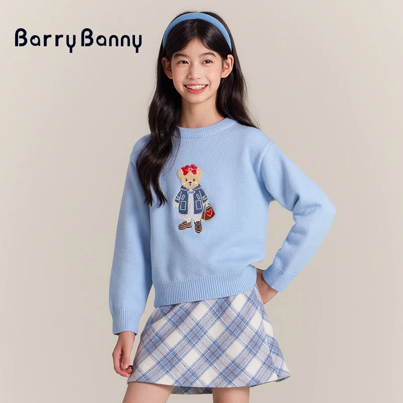 BarryBanny女童小熊针织衫冬季新款重工刺绣宽松慵懒蓝色圆领毛衣