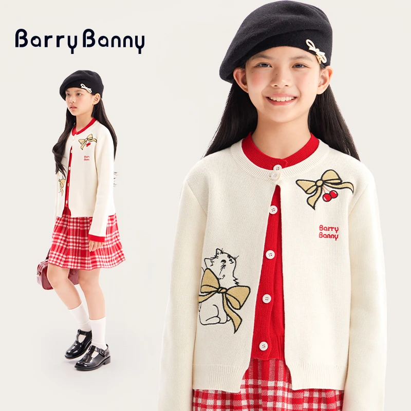 Barry Banny女童蝴蝶结小香风儿童套装假两件开衫毛衣百褶裙秋冬