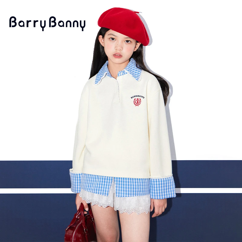 BarryBanny女童学院风假两件卫衣绣花中大童秋冬保暖休闲翻领上衣