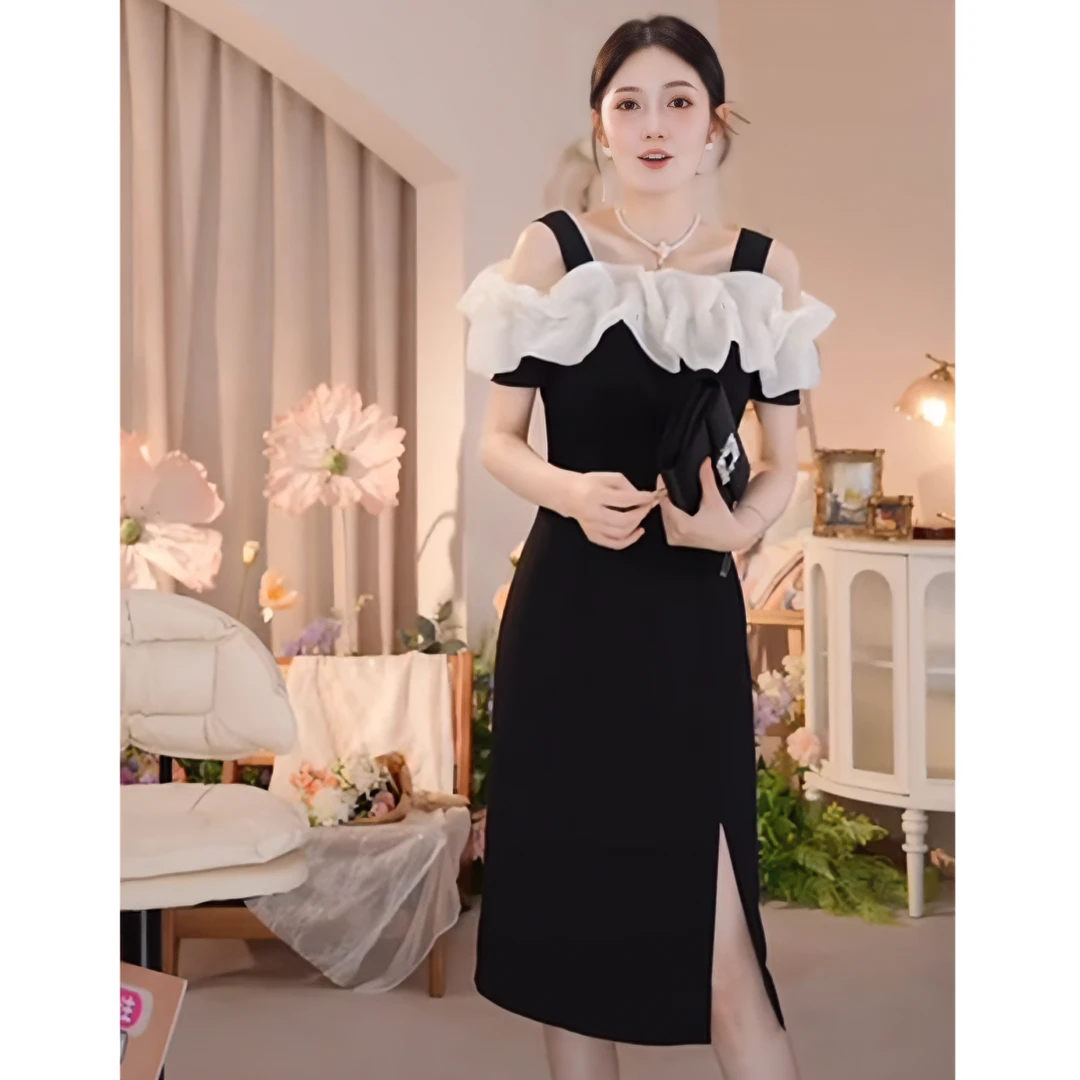 2024夏季新款法式赫本风显瘦裙子少女修身日常优雅气质露肩连衣裙