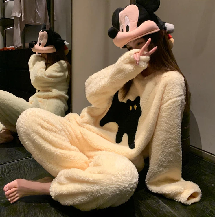 可爱猫咪珊瑚绒睡衣女冬季新款网红ins风甜美加厚保暖家居服套装
