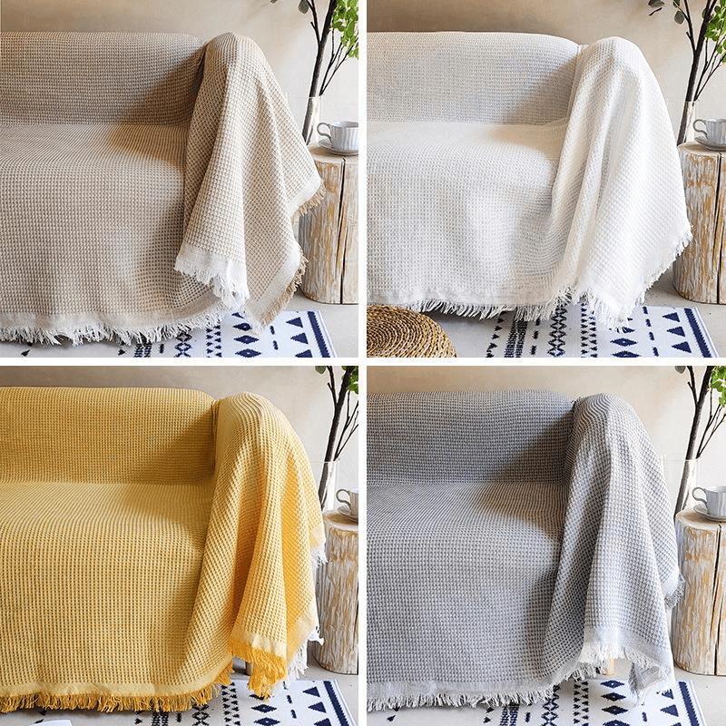 华夫格沙发巾全盖布ins风棉麻防滑四季通用沙发盖巾全包万能套罩