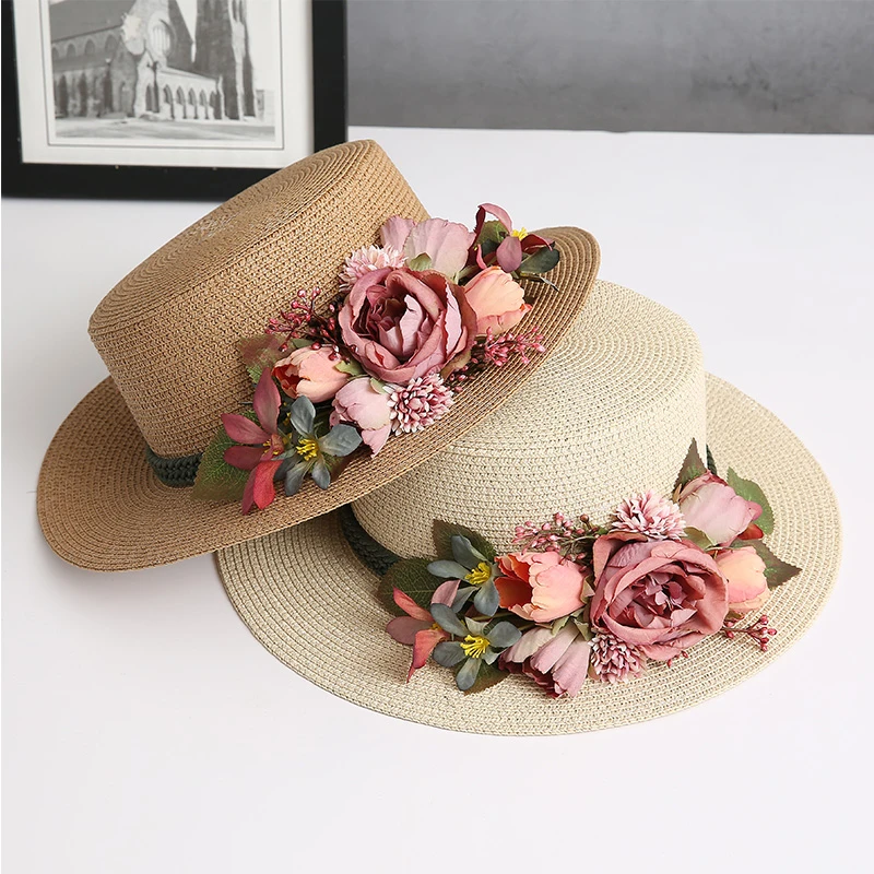 平顶小礼帽草帽沙滩帽女夏天海边遮阳帽大檐帽草编帽复古花朵帽子