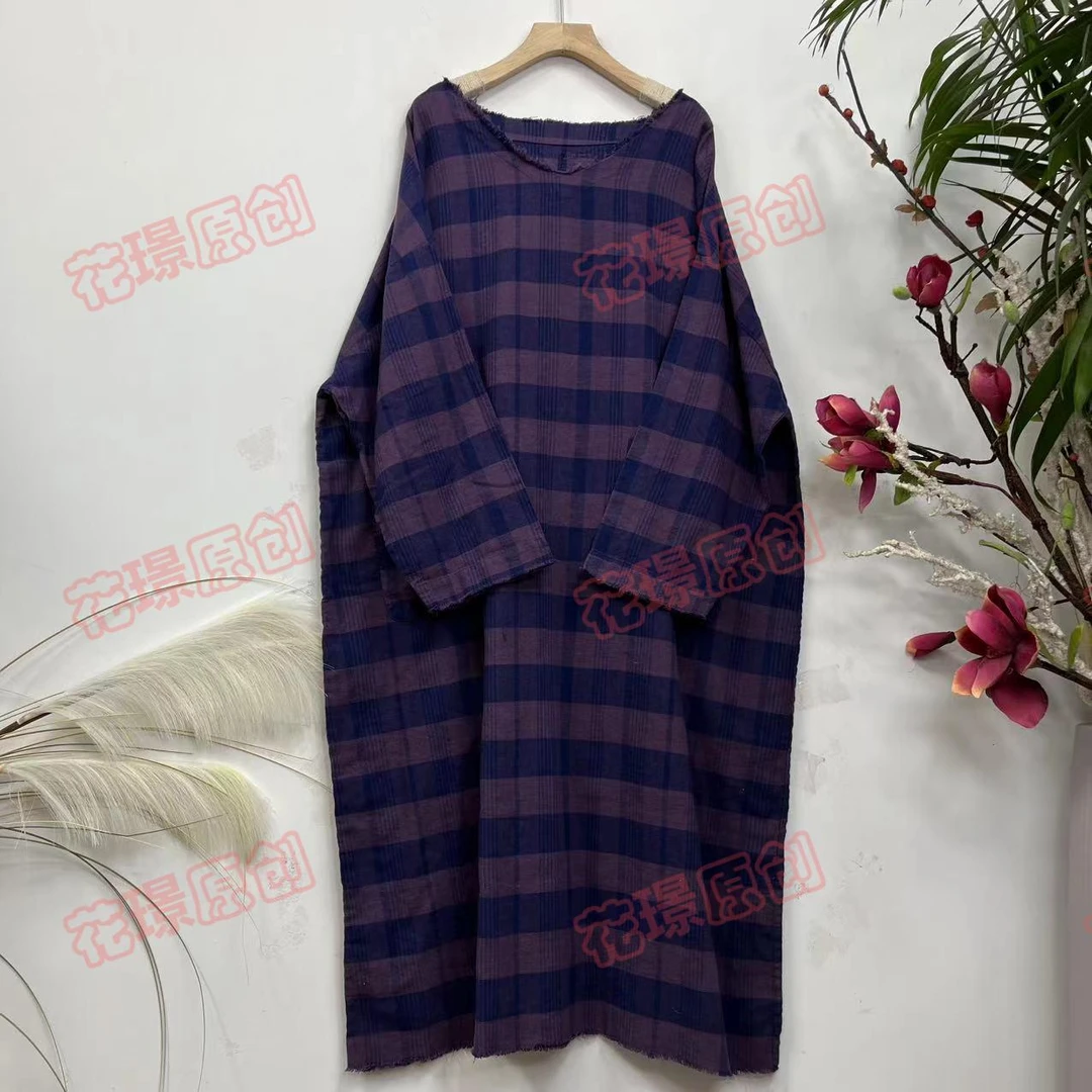 花璟原创设计复古炒色格纹鸡心领拉毛袍裙（衣长120胸围146）