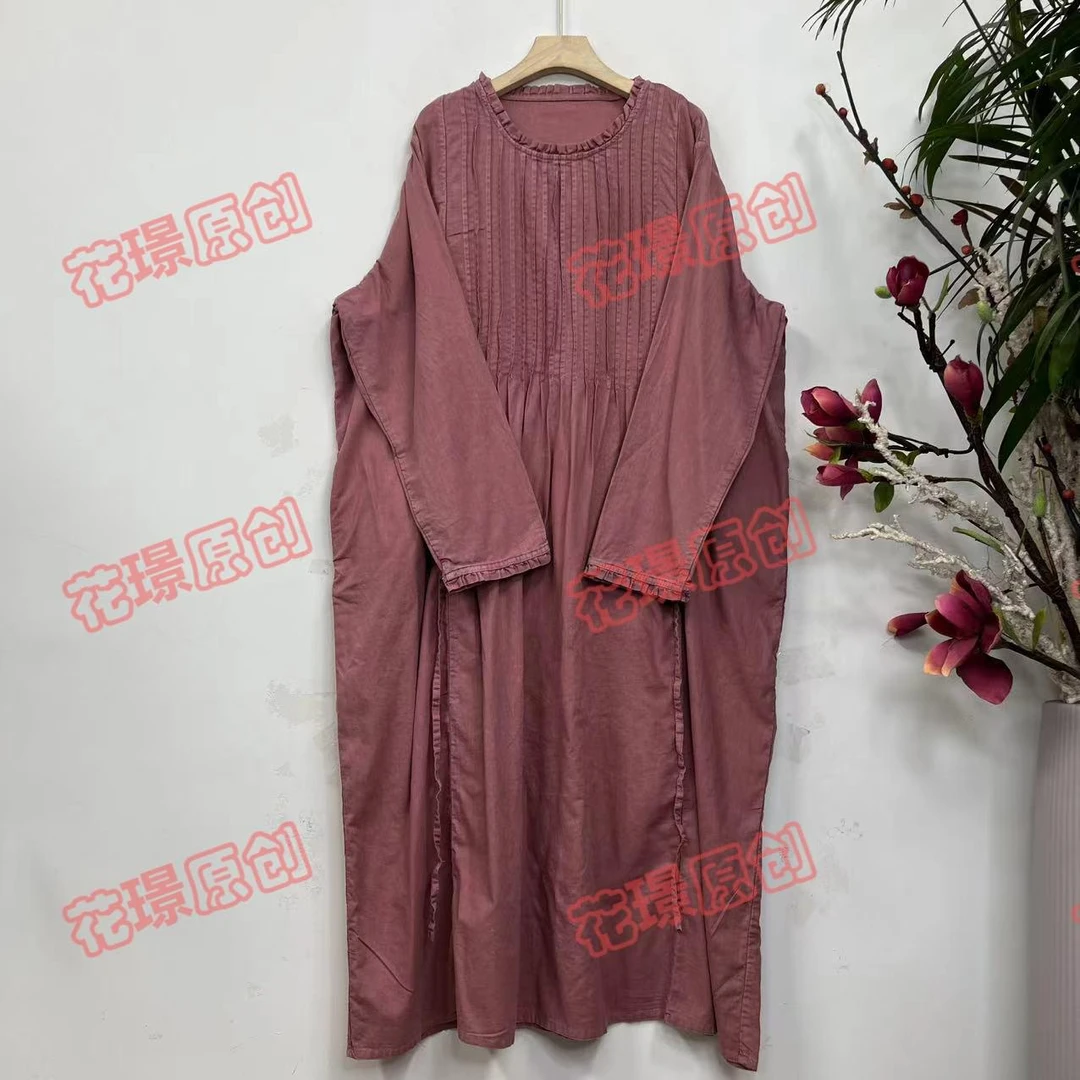 花璟与麻原创设计炒色做旧风琴折花边领连衣袍裙（裙长123胸围150）