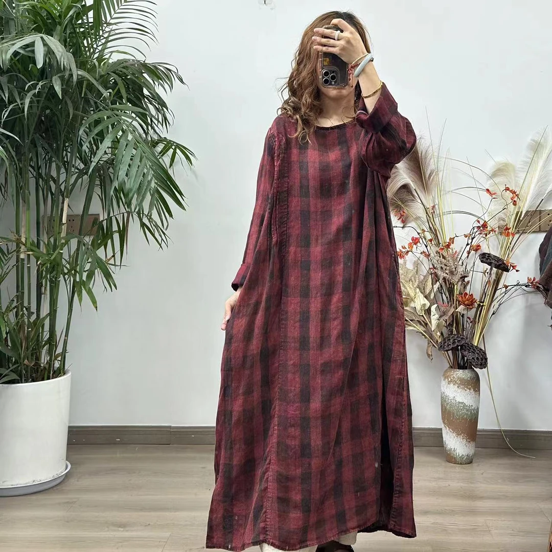 花璟原创设计款圆领格子长袖袍裙（衣长118胸围128）