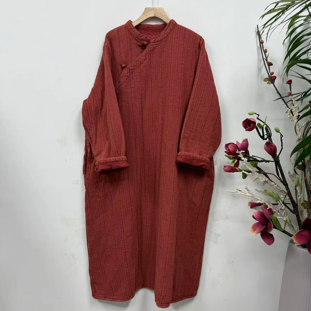 花璟原创设计炒色做旧双层立领斜襟袍裙（衣长115胸围130）