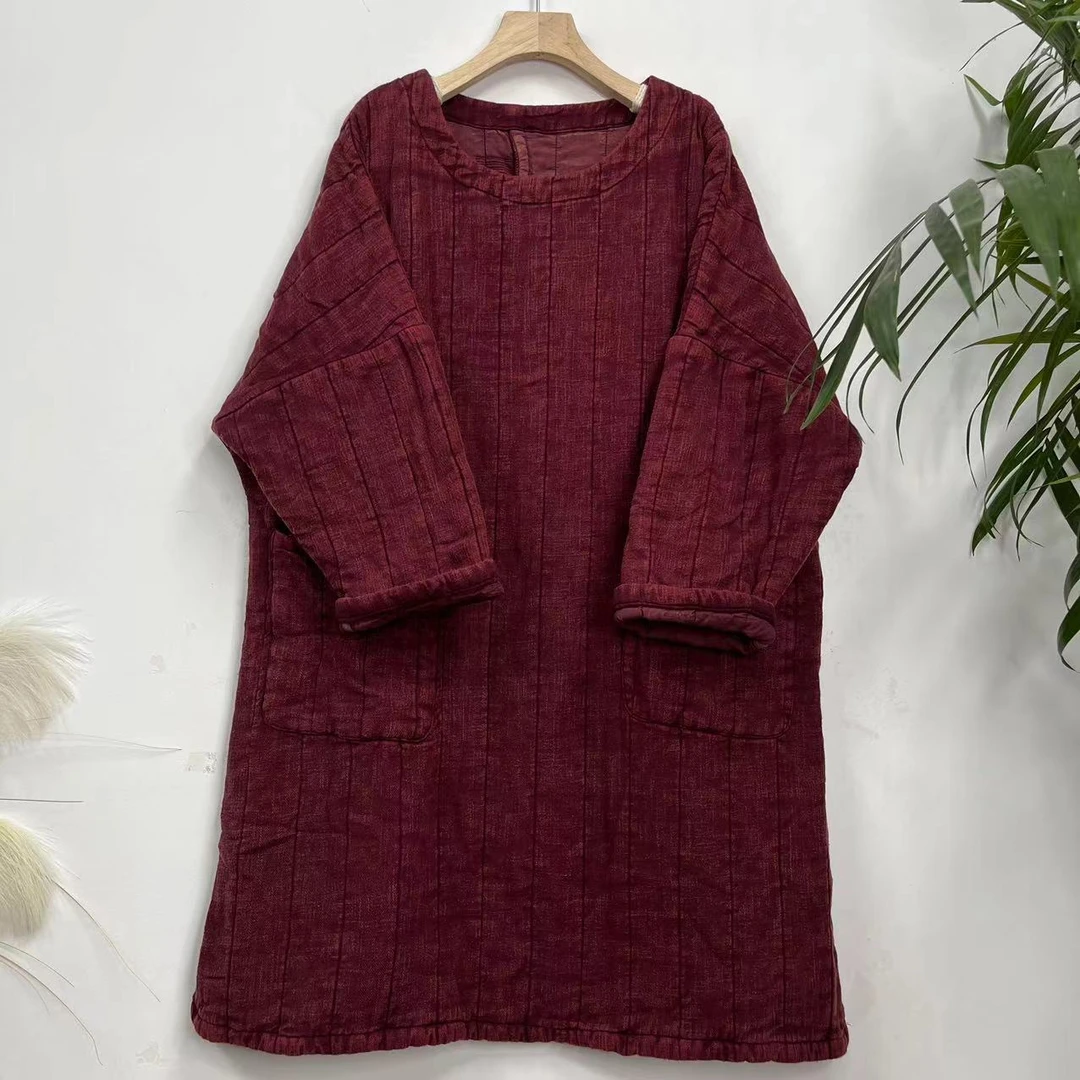 花璟原创设计款复古炒色绗线夹棉连衣袍裙（衣长91胸围142）