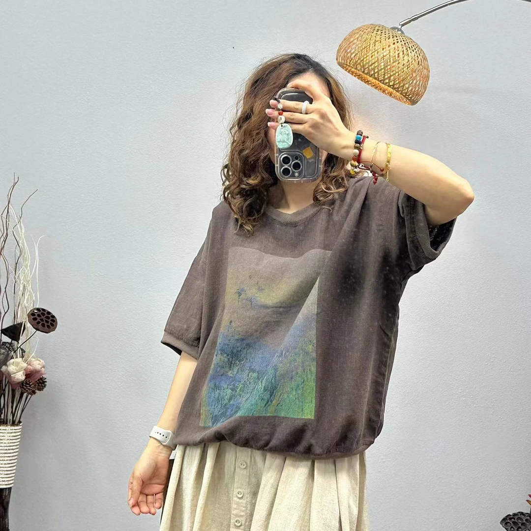 花璟原创~复古炒色做旧数码印花圆领短袖小衫（衣长64胸围128）