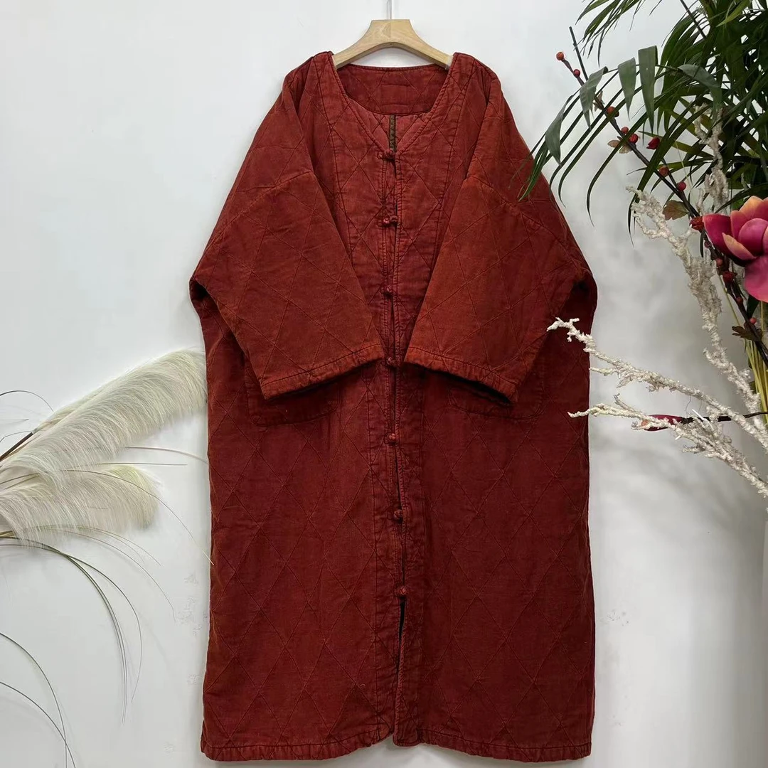 花璟原创设计复古炒色做旧V领盘扣开襟棉衣外套（衣长120胸围170）