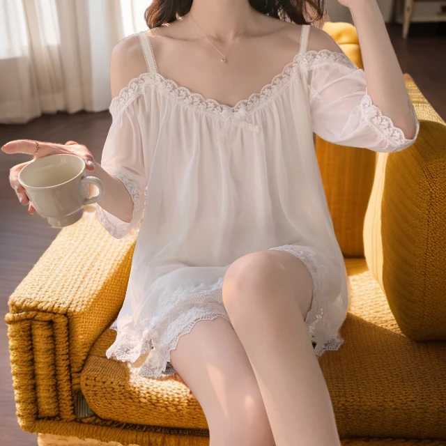 一字肩网纱睡衣宫廷风网红甜美简约高级感家居服套装夏季薄款新款