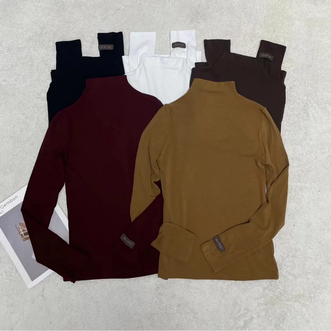 秋冬上新经典百搭半高领袖带标修身上衣