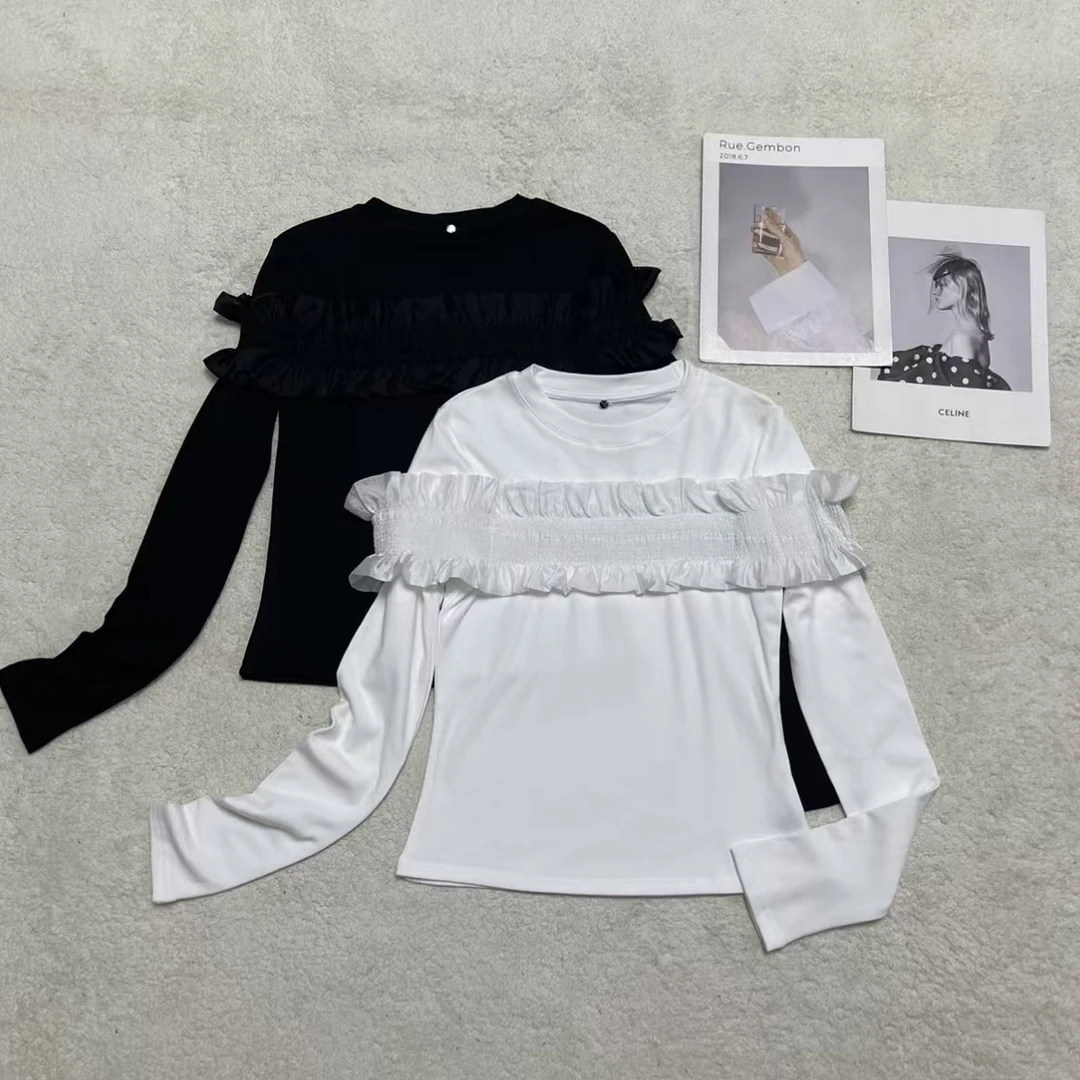 秋冬新款荷叶松紧花边时尚纯色显瘦上衣