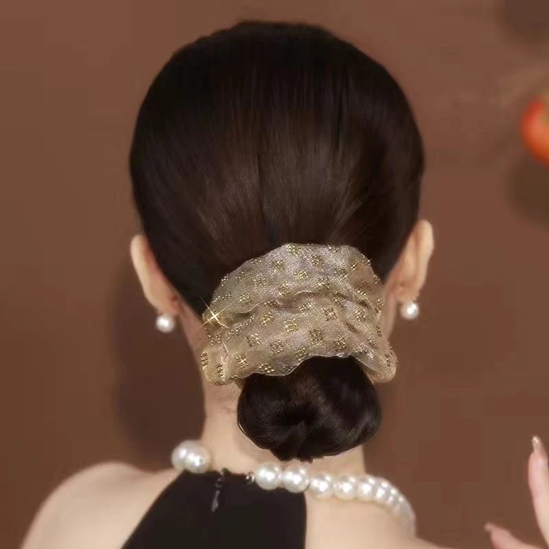 韩版优雅法式手工格子烫钻高级感高马尾丸子头纯色气质发圈女轻奢