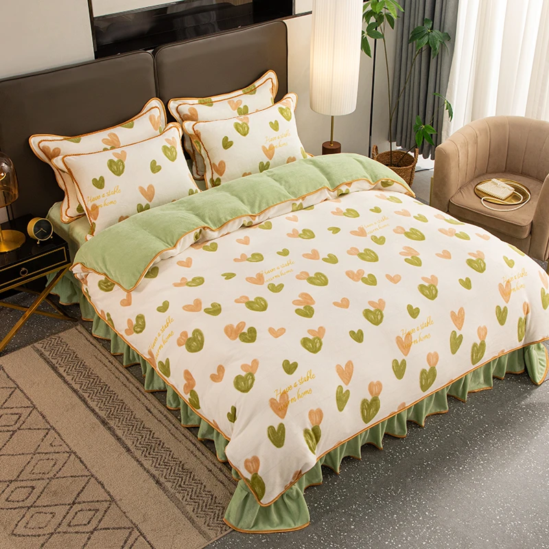 V/雅鹿加厚【牛奶绒四件套】秋冬保暖三件套  高克重床单双面绒被套