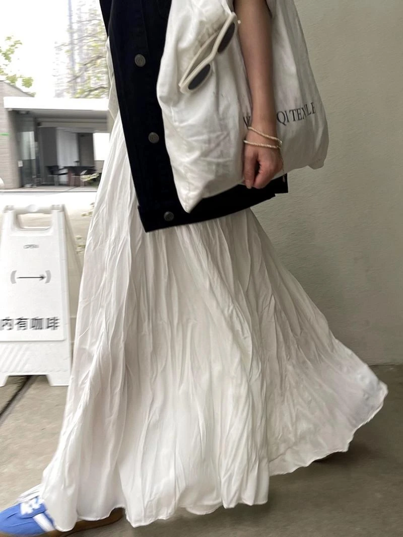 褶皱半身裙女夏季2024新款设计感高腰A字裙子过膝大摆垂感中长裙